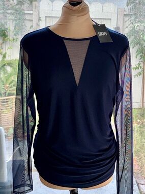 DKNY Navy Mesh Long Sleeve Mesh V-Neck Cutout Top Size L